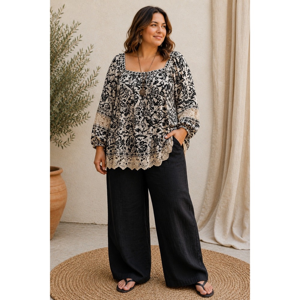Peasant Top Womens 1X Ivory Black Floral Crochet Linen Blend‎ Boho Cottagecore